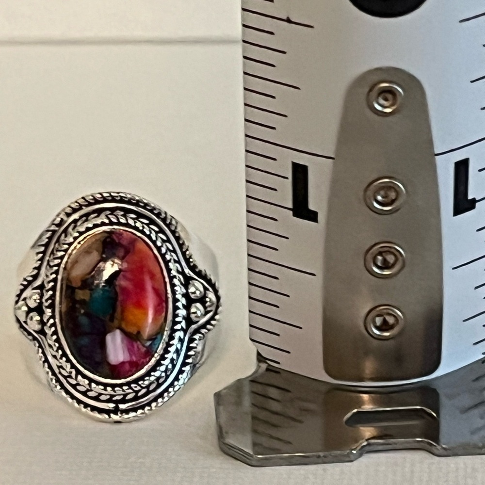 SOLID 925 STERLING SILVER GEMSTONE RING PINK SPINY OYSTER TURQUOISE SIZE 8.75 - Picture 7 of 10